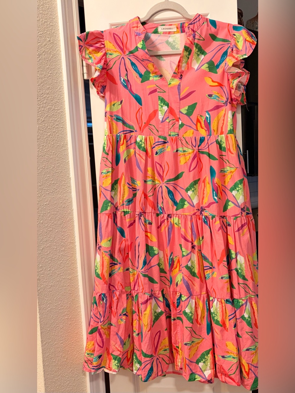 Bright Pink Floral Tiered Midi Dress with Flutter Sleeves - Picture 2 of 9